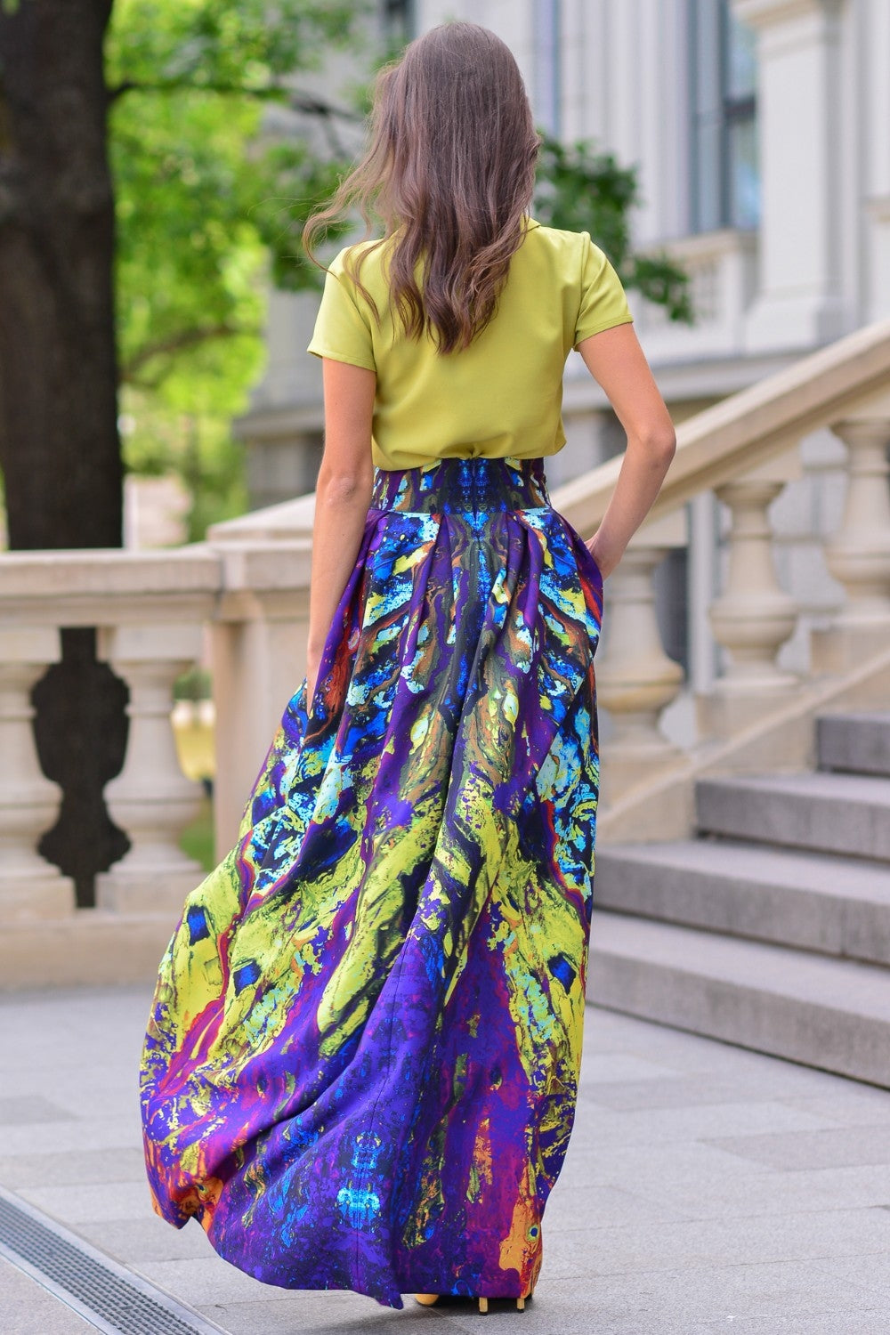 Full maxi skirts with abstract green purple print