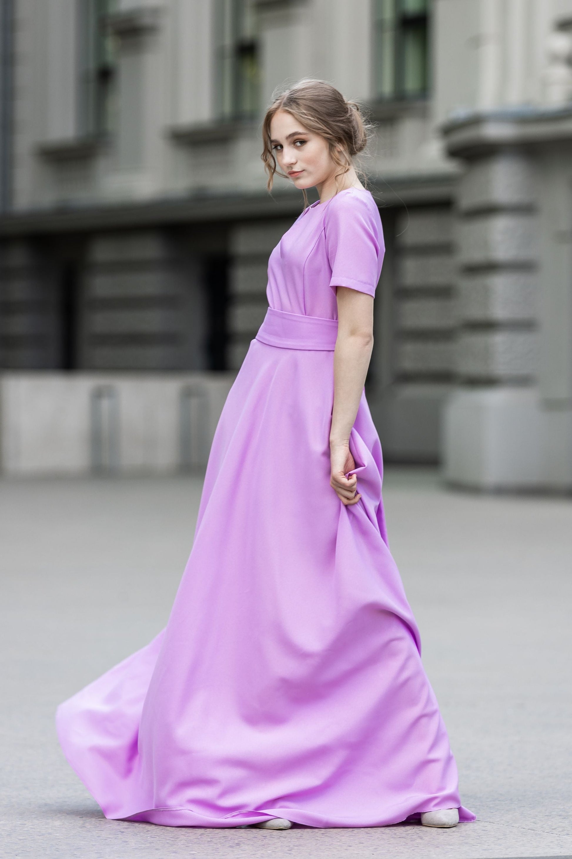 Periwinkle dress with circle skirts and belt GUNTINA Periwinkle dress with circle skirts and belt GUNTINA