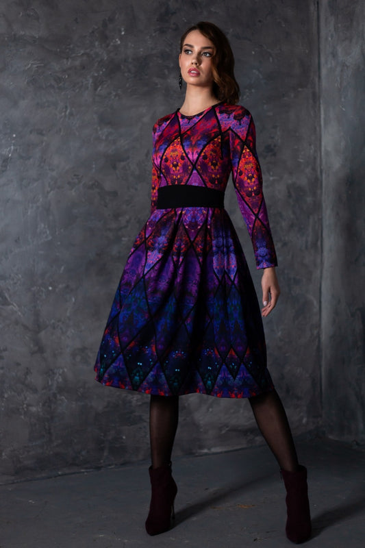 Dress with red purple abstract lozenges
