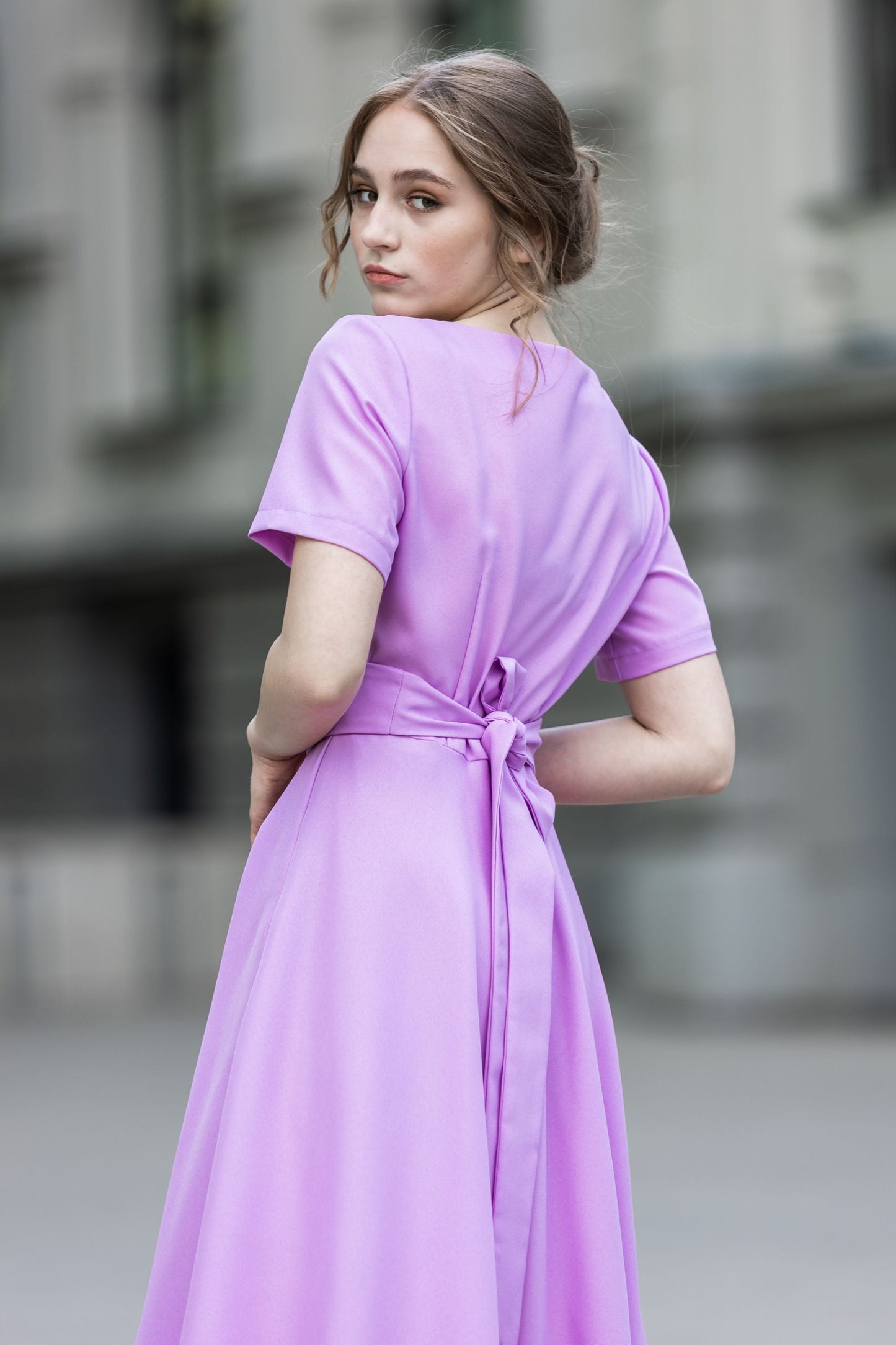 Periwinkle dress with circle skirts and belt