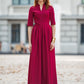 Wine colour classic maxi dress with pleats and separated belt