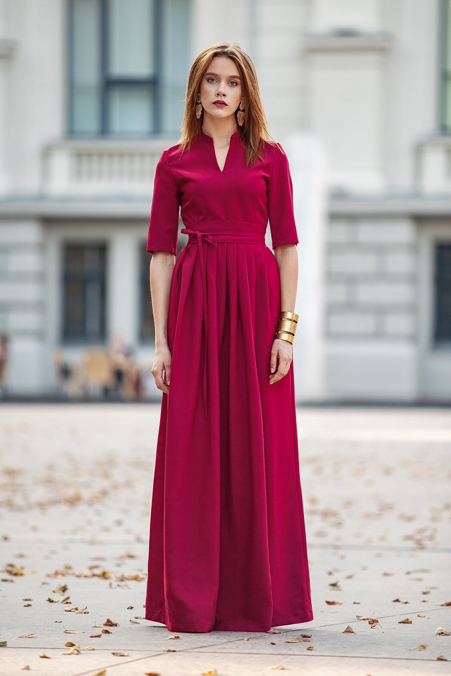 Wine colour classic maxi dress with pleats and separated belt