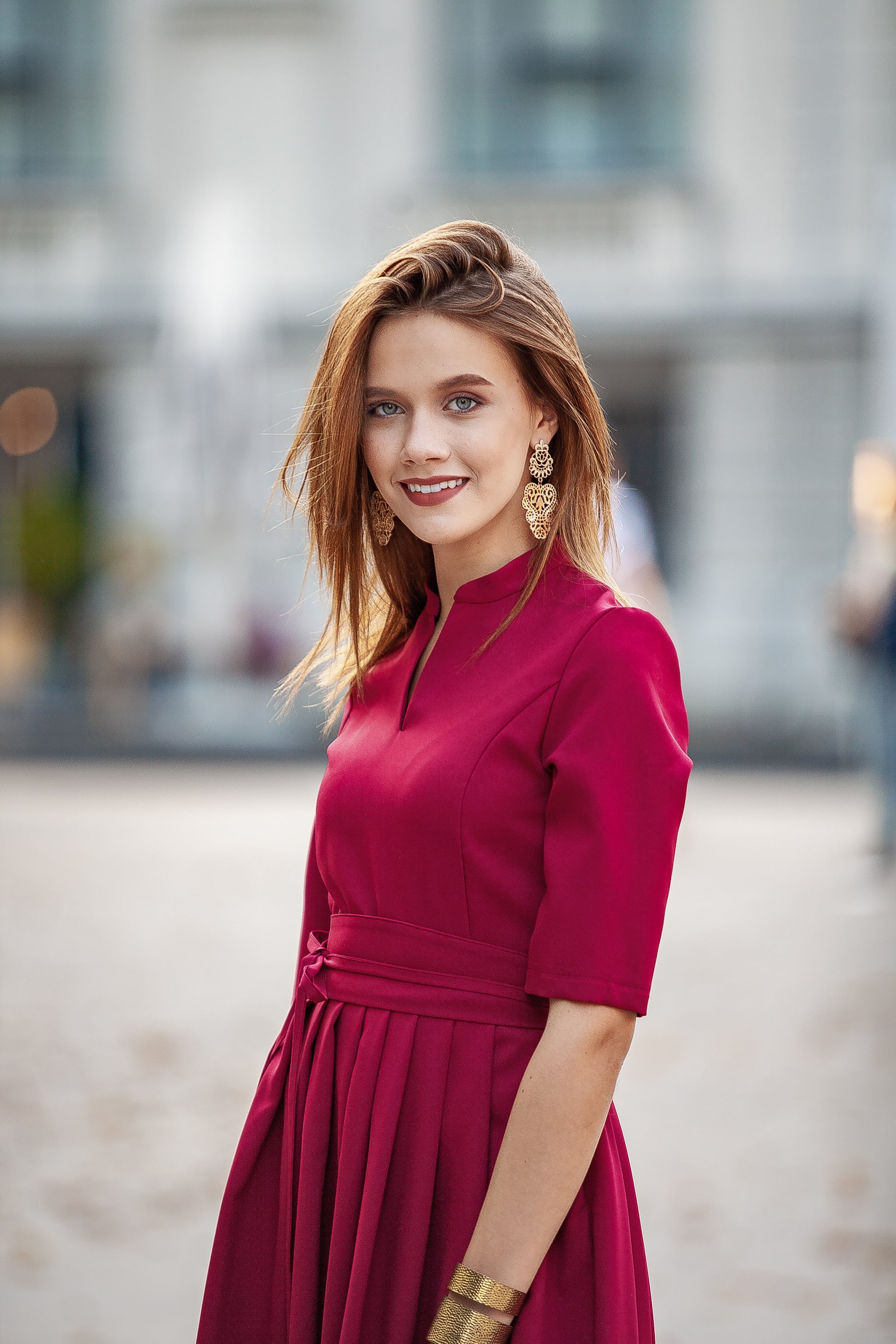 Wine colour classic maxi dress with pleats and separated belt – GUNTINA Wine colour classic maxi dress with pleats and separated belt – GUNTINA