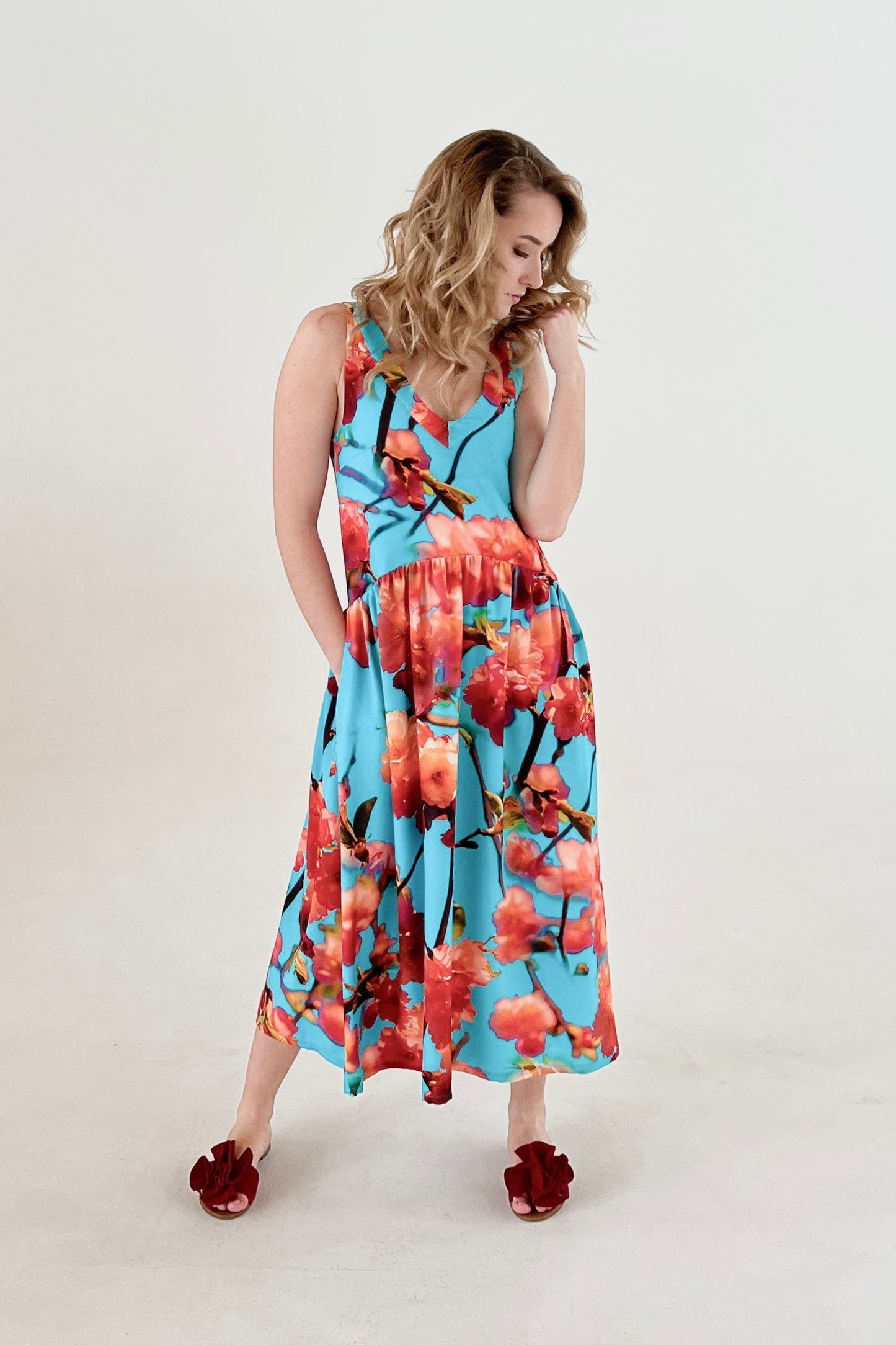 Midi length summer dress with ruffles