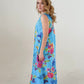 Simple bell dress with pockets, bright blue with flowers